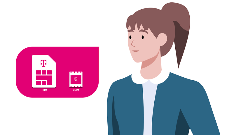 Woman with SIM card and eSIM icon in a thought bubble