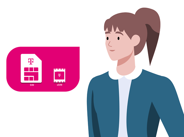 Woman with SIM card and eSIM icon in a thought bubble