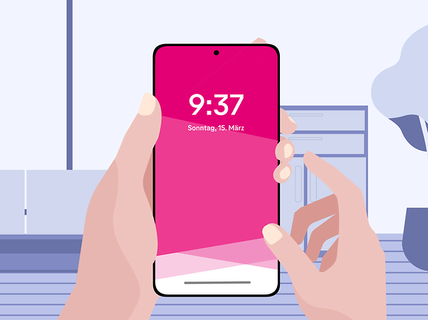 Two hands hold a mobile phone with its display visible.