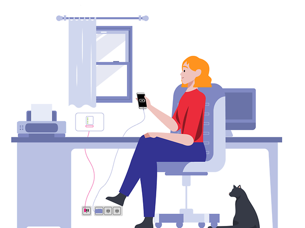 A woman is sitting at her desk and has connected her mobile phone to a router.