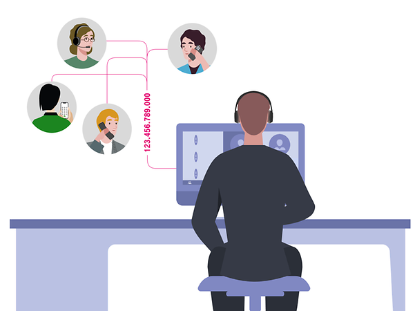 A man sits at his desk, talking on the phone with several people via a fixed IP address.