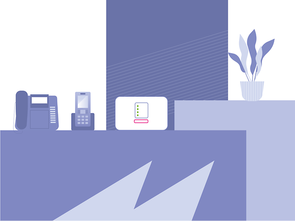 Two telephones and a router displayed on a counter with a plant.