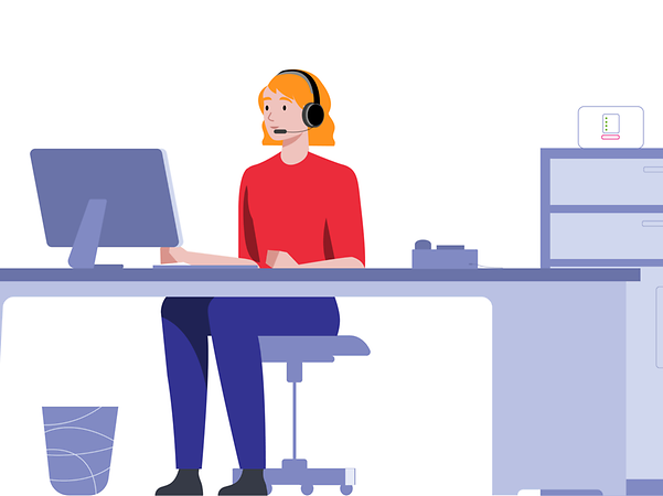 Woman sitting at office desk wearing headset, with router on chest of drawers