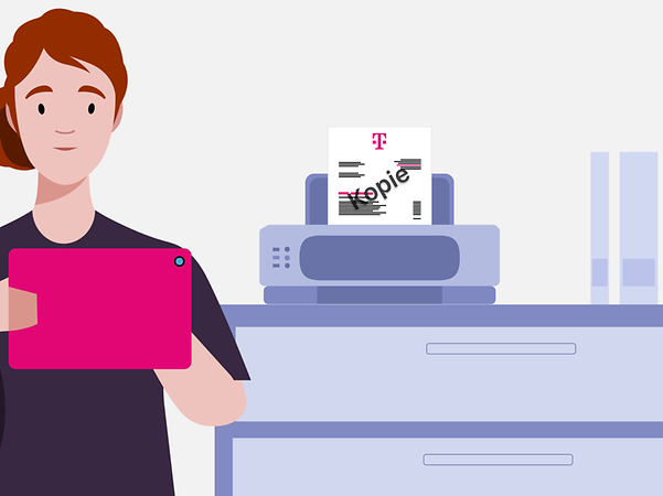 A person uses a tablet while a printer prints out a copy of a Telekom bill in the background.
