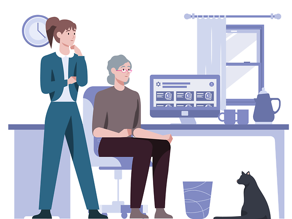 Two people are looking at their bills online on a desktop computer.