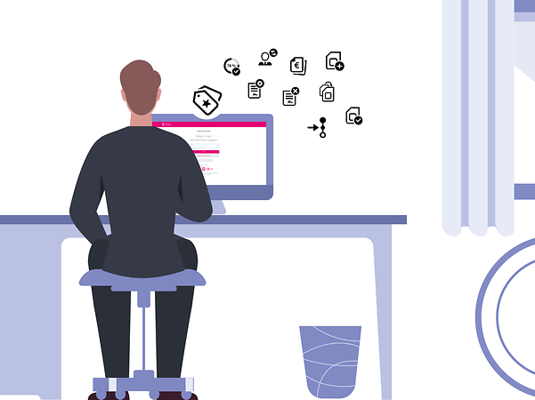 Man sitting at a desk with a monitor and lots of icons