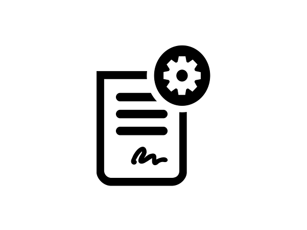 A sheet of paper with text and a cogwheel in the top right corner