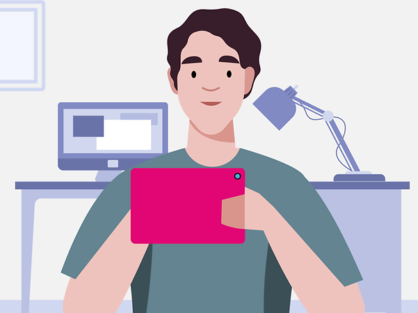 A man stands in his office with his tablet and fills out a contact form.