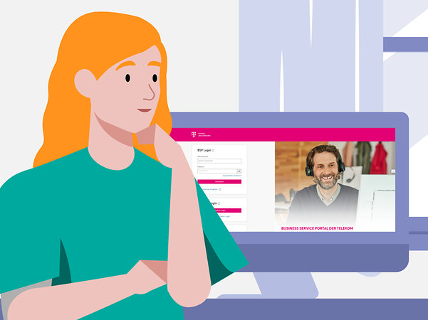 A woman sits in front of a monitor and wants to log in to the Magenta Business Service Portal (MBSP).