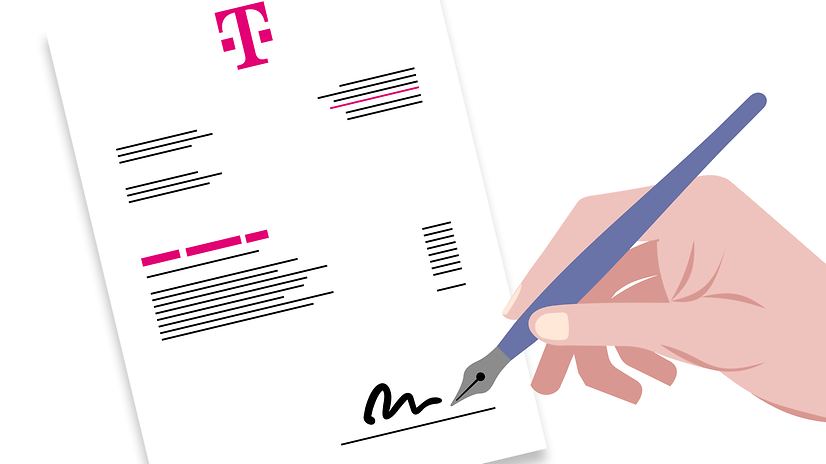 A hand holds a pen over a Telekom contract document.