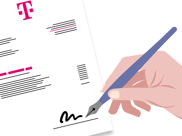 A hand holds a pen over a Telekom contract document.