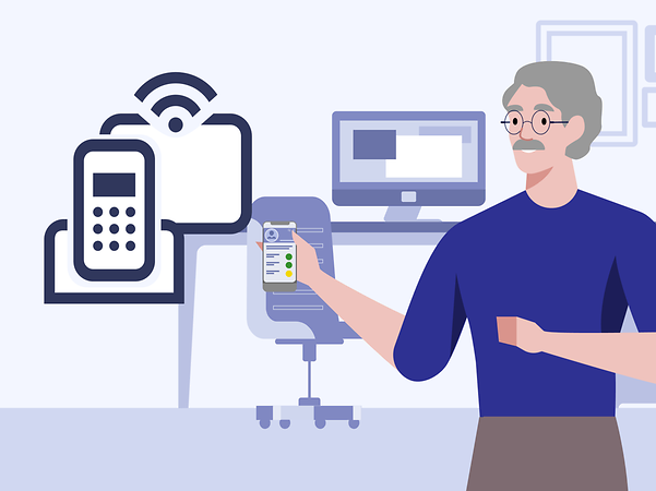 A man in an office checks the status of his internet and landline order with Telekom on his mobile phone.