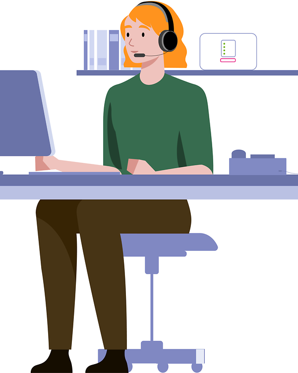 Woman sitting at office desk wearing headset, with router on shelf