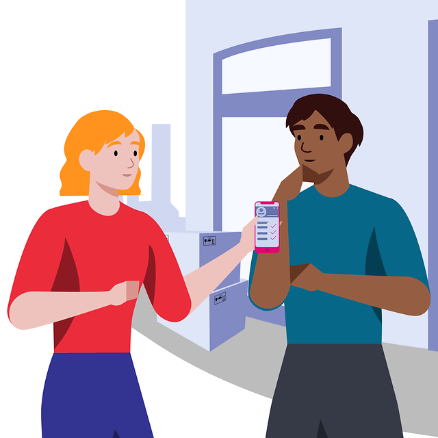 One person shows another person a checklist for moving house on their mobile phone in front of a building with moving boxes.