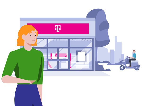 Woman looking towards the Telekom shop to switch to Telekom and a man on a scooter riding through the city