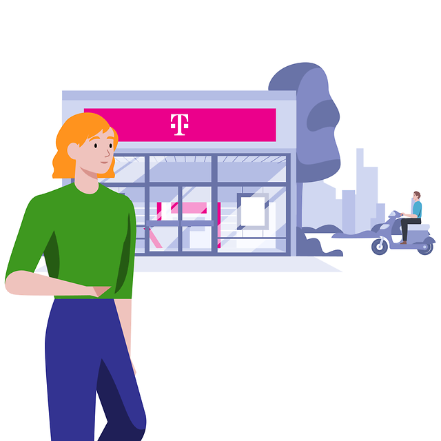 Woman looking towards the Telekom shop to switch to Telekom and a man on a scooter riding through the city