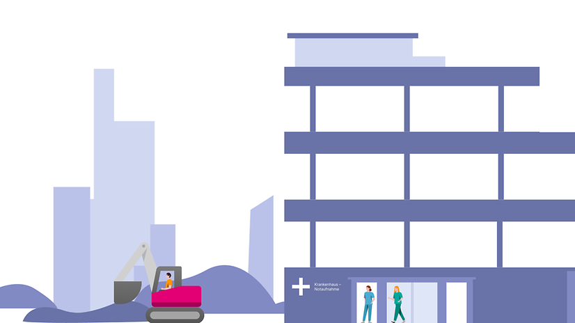 An excavator operator on a construction site in front of the hospital