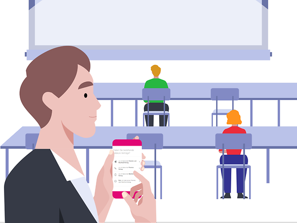 Man stands behind a seminar group and changes his customer details at Telekom.