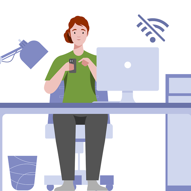 A woman types on her smartphone to report a fault.