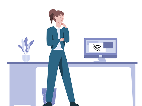 A woman stands helplessly in front of her desk and looks at the interrupted LAN connection.