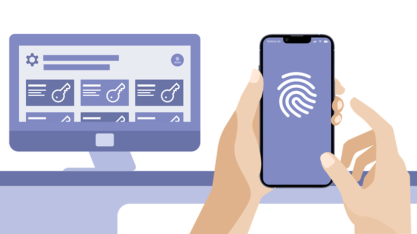 Monitor with a login overview and a smartphone on which someone wants to log in using their fingerprint