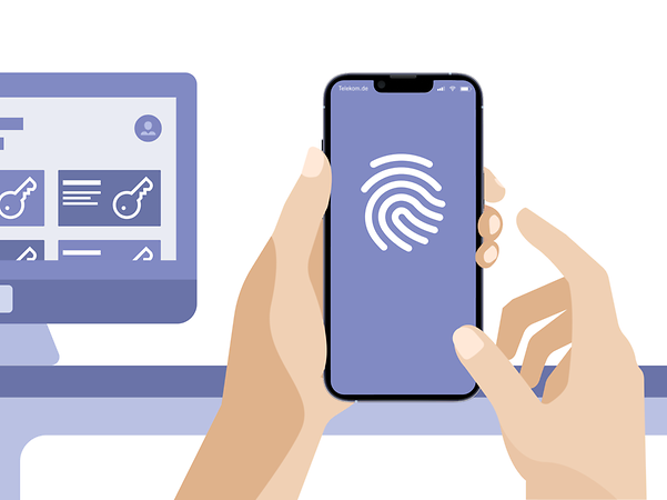 Monitor with a login overview and a smartphone on which someone wants to log in using their fingerprint