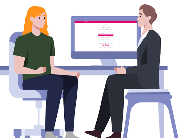 A woman and a man are sitting in front of a computer and want to log in.