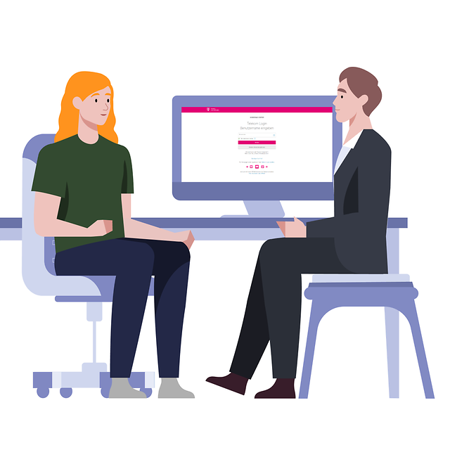 A woman and a man are sitting in front of a computer and want to log in.