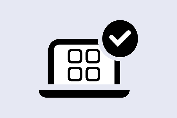 Laptop with app overview and confirmation tick in the top right corner