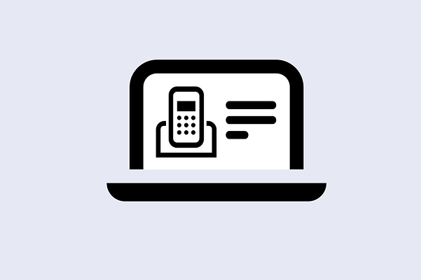 Laptop with a landline telephone, with text next to it