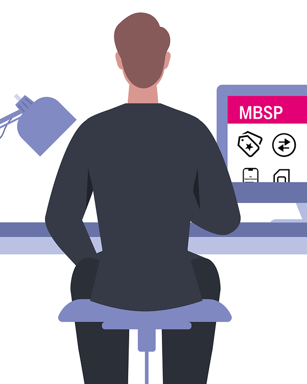 A man sits at his desk and looks up information on the Magenta Business Service Portal (MBSP).