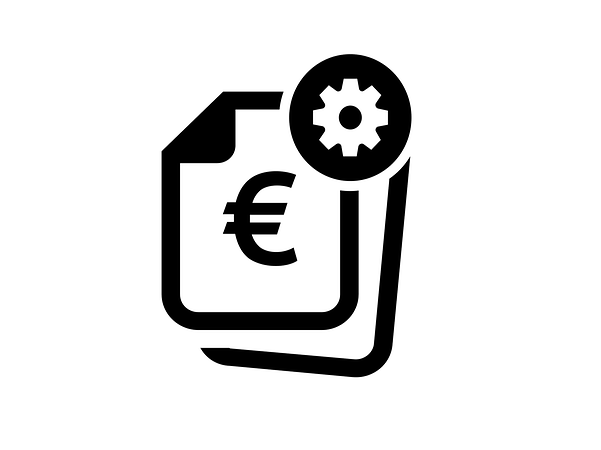 Two leaves with a € sign and a cogwheel in the top right corner