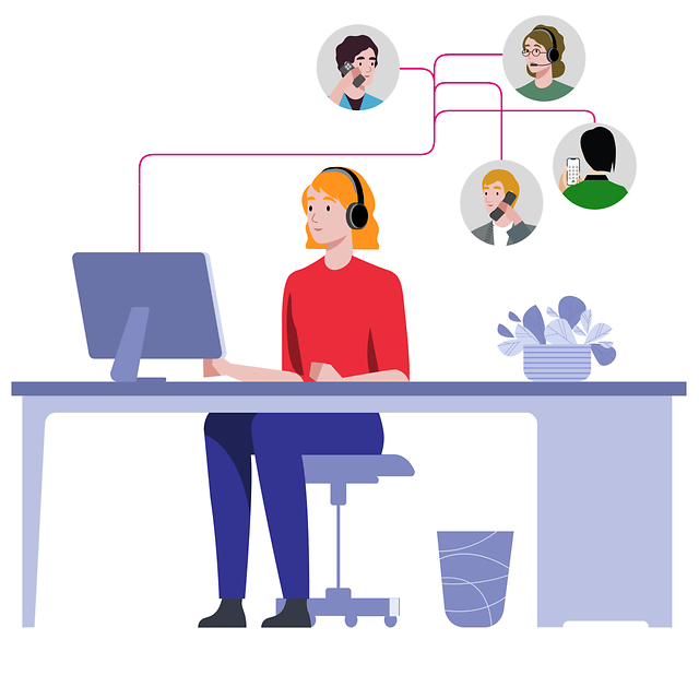 A woman is sitting at her workplace and talking on the phone with other people.