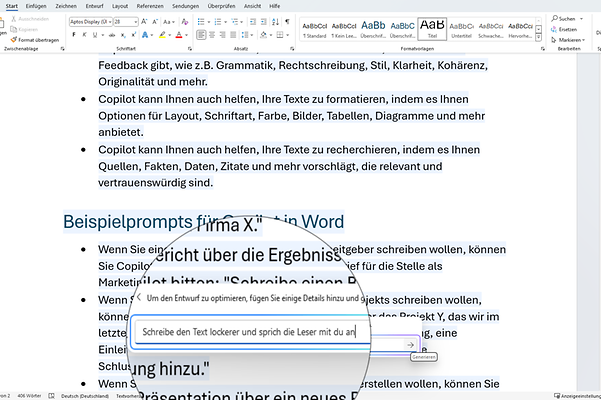 Change the style, content or length of texts directly via Copilot