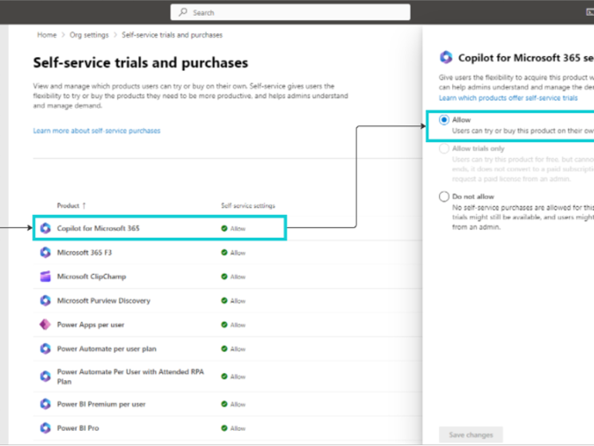 Enable or disable self-service purchases