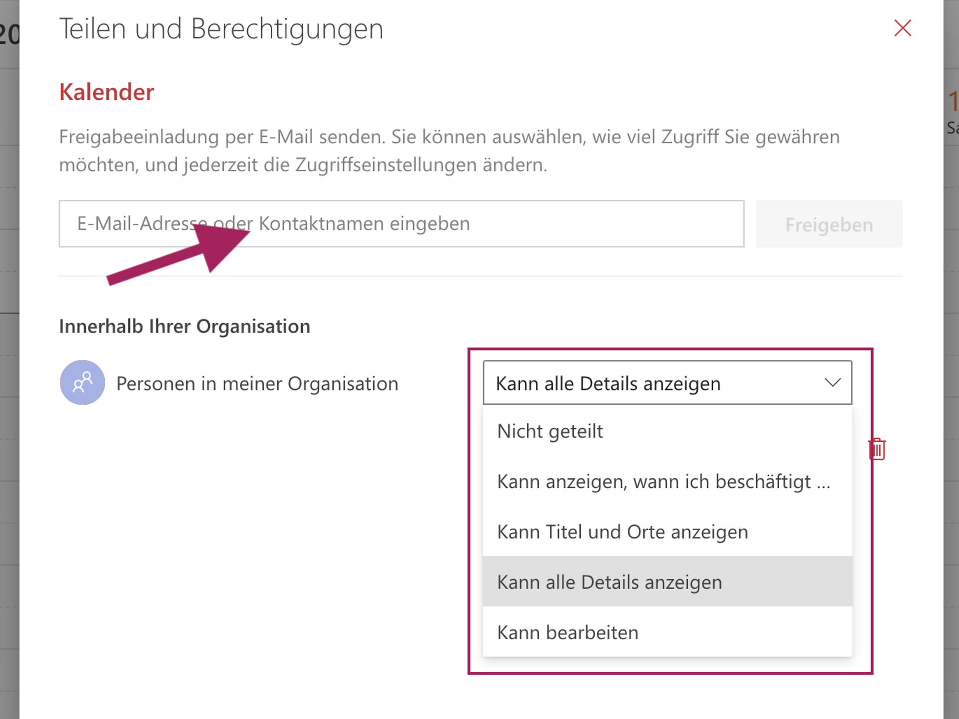 Select calendar permission for sharing