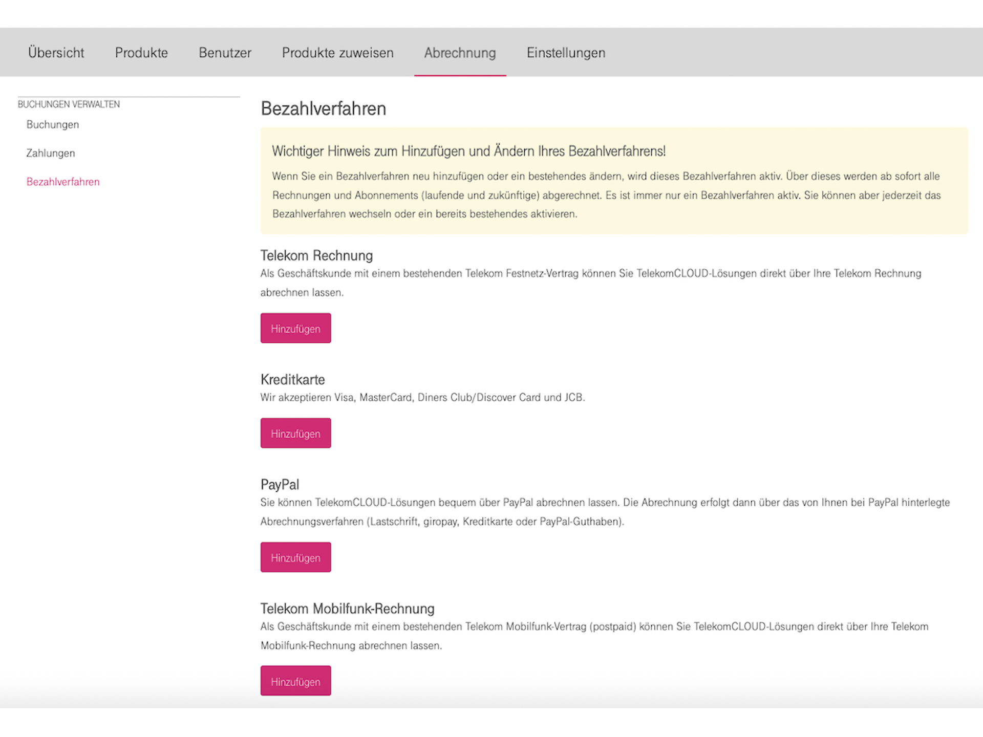 Telekom Cloud Marketplace payment method