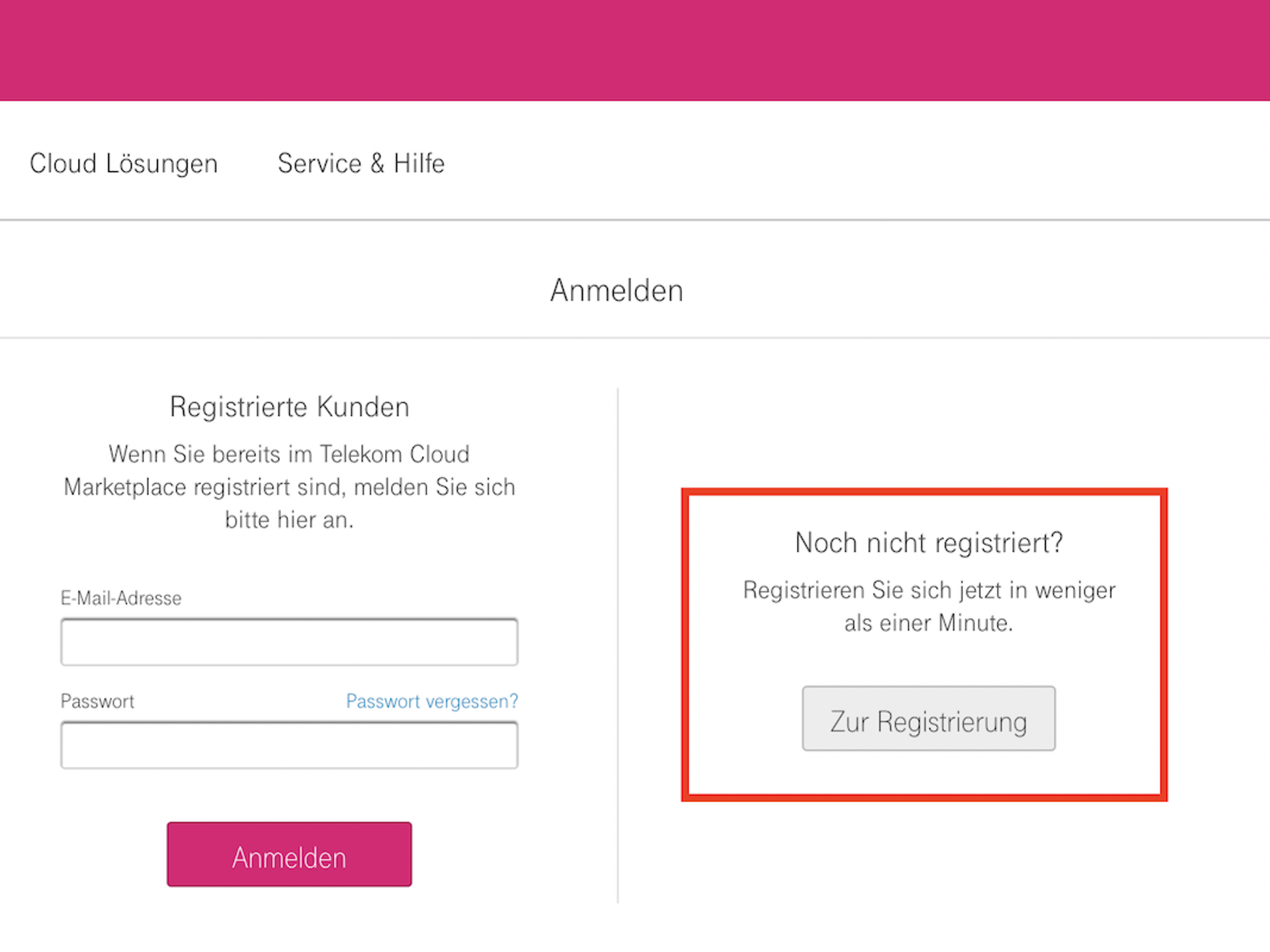 Telekom Cloud Marketplace registration
