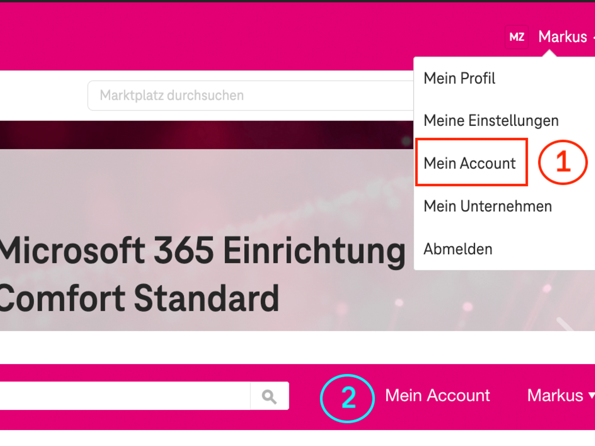 Position My Account in the drop-down menu and in the Marketplace