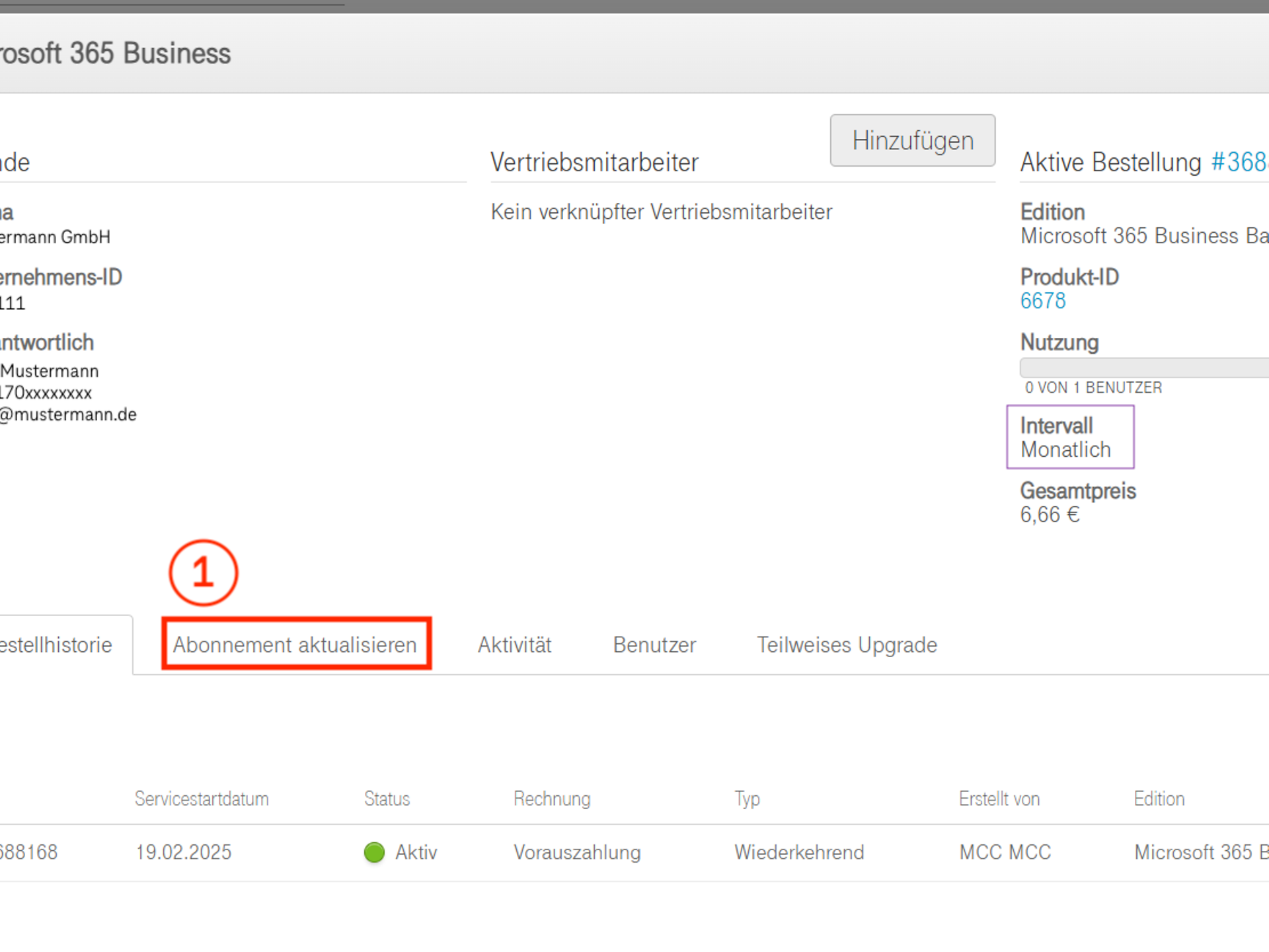 View of the Update Subscription tab