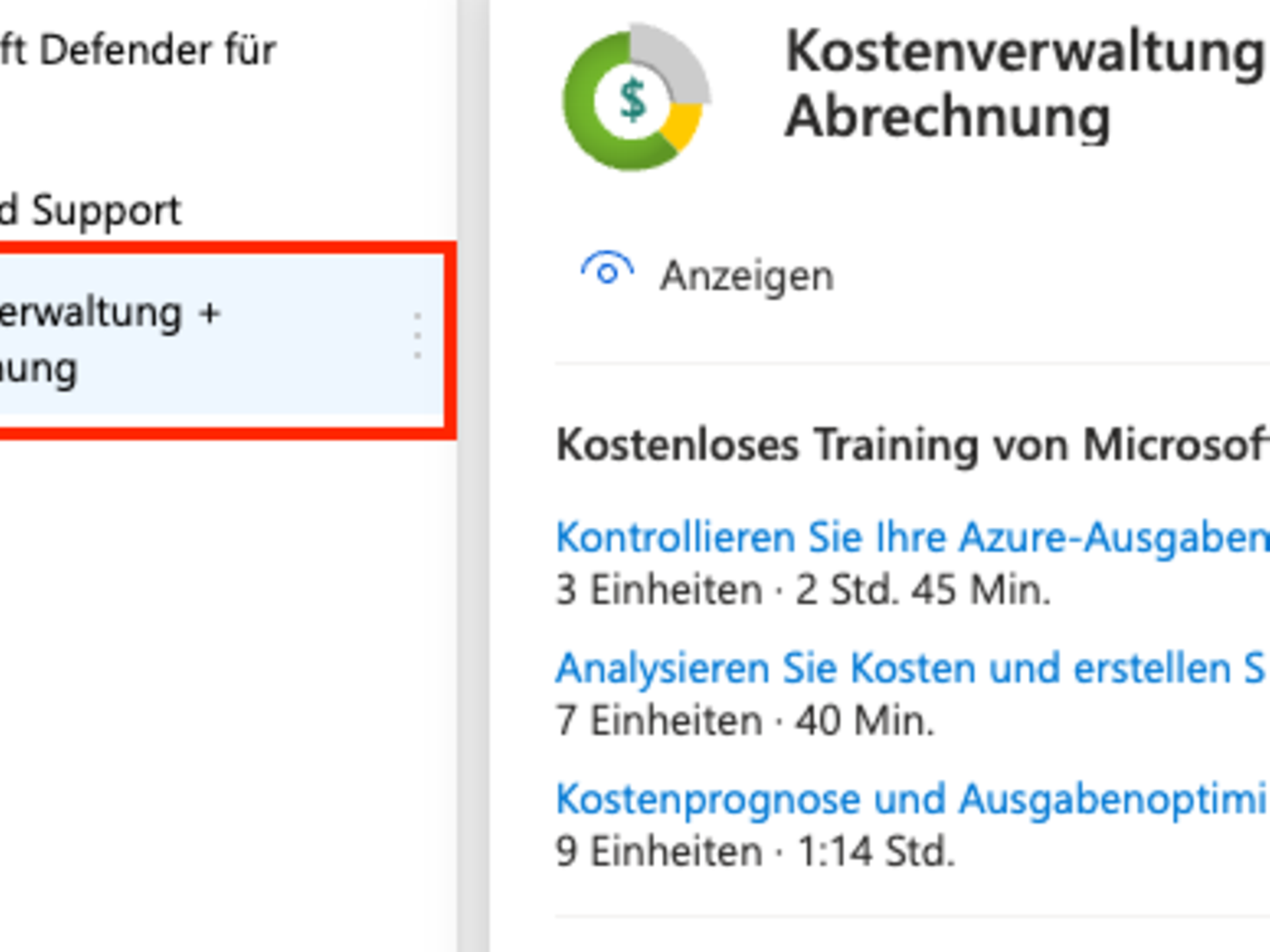 Fig. The "Cost Management + Billing" menu item gives you an overview of your cloud expenditure.