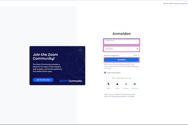 Image shows the Zoom login page