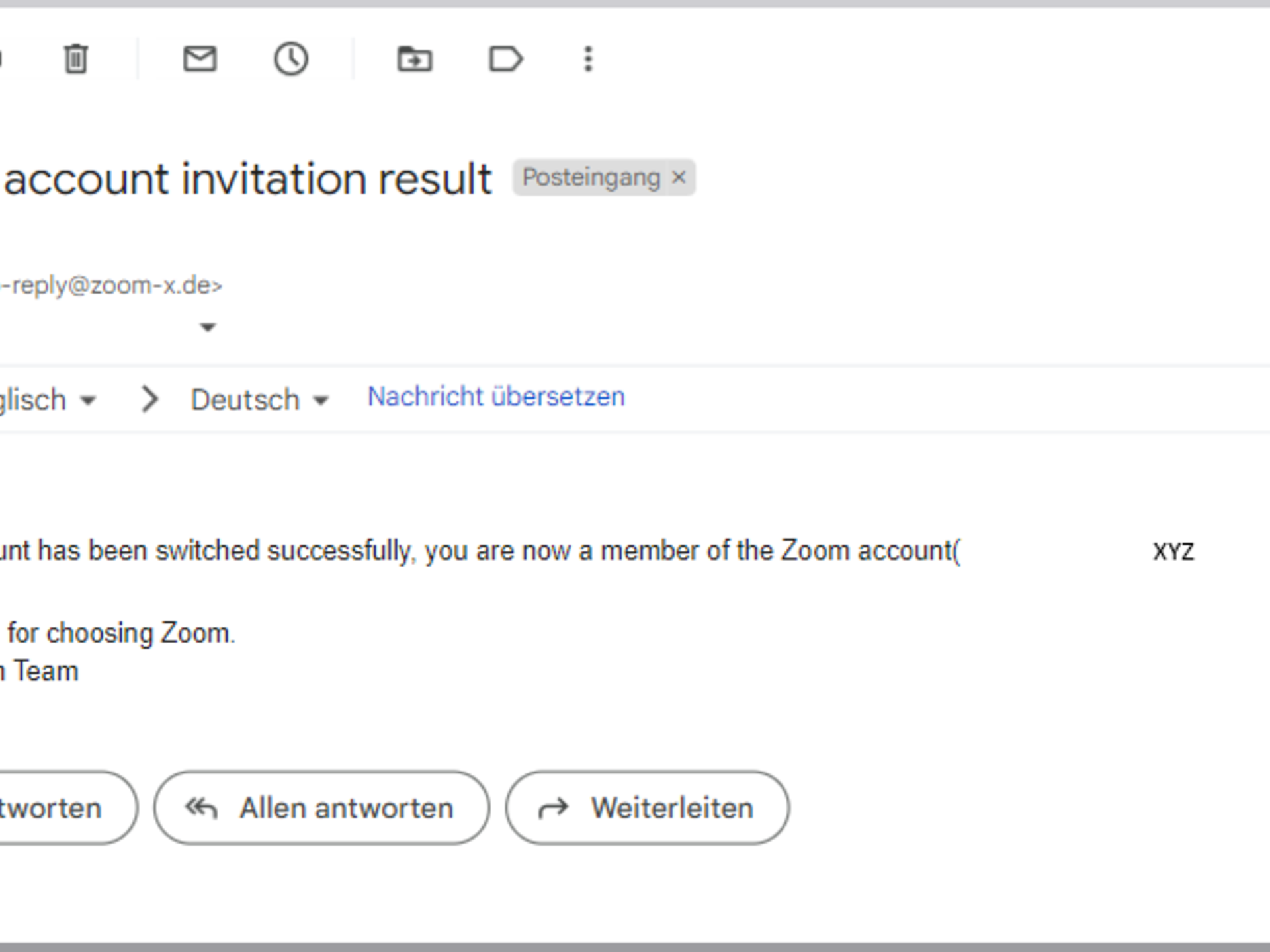 Email confirmation of account transfer