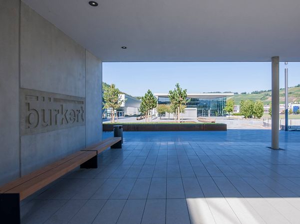 Modern Buerkert company campus with large logo lettering on the wall