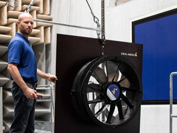 Ziehl Abegg _Employee in blue shirt with large black fan