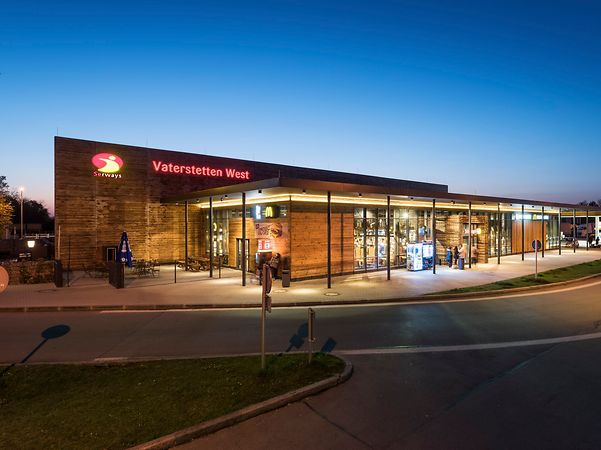Illuminated Vaterstetten-West service station at night