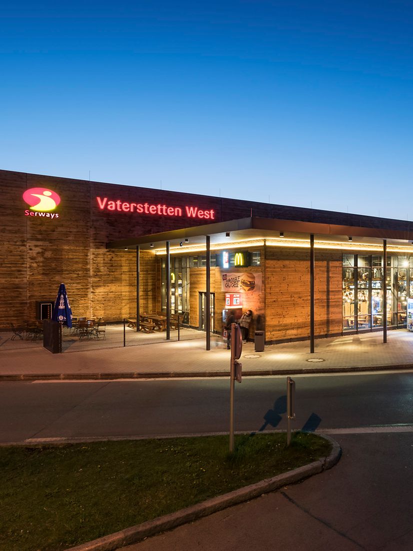 Illuminated Vaterstetten-West service station at night