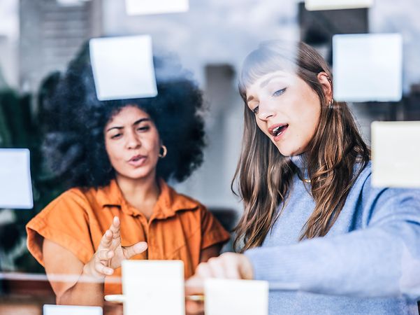 Two businesswomen brainstorming in an office