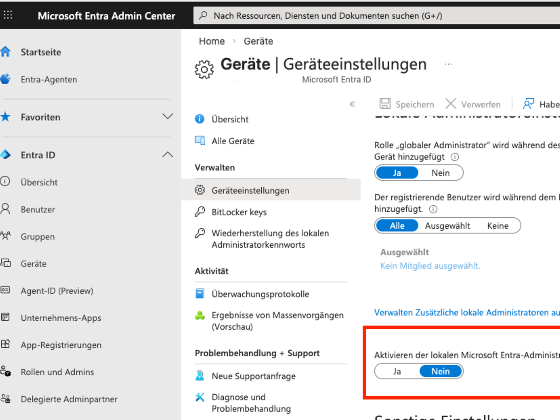 Screenshot der Aktivierung von LAPS bei den Geräteeinstellungen im Microsoft Entra Admin Center