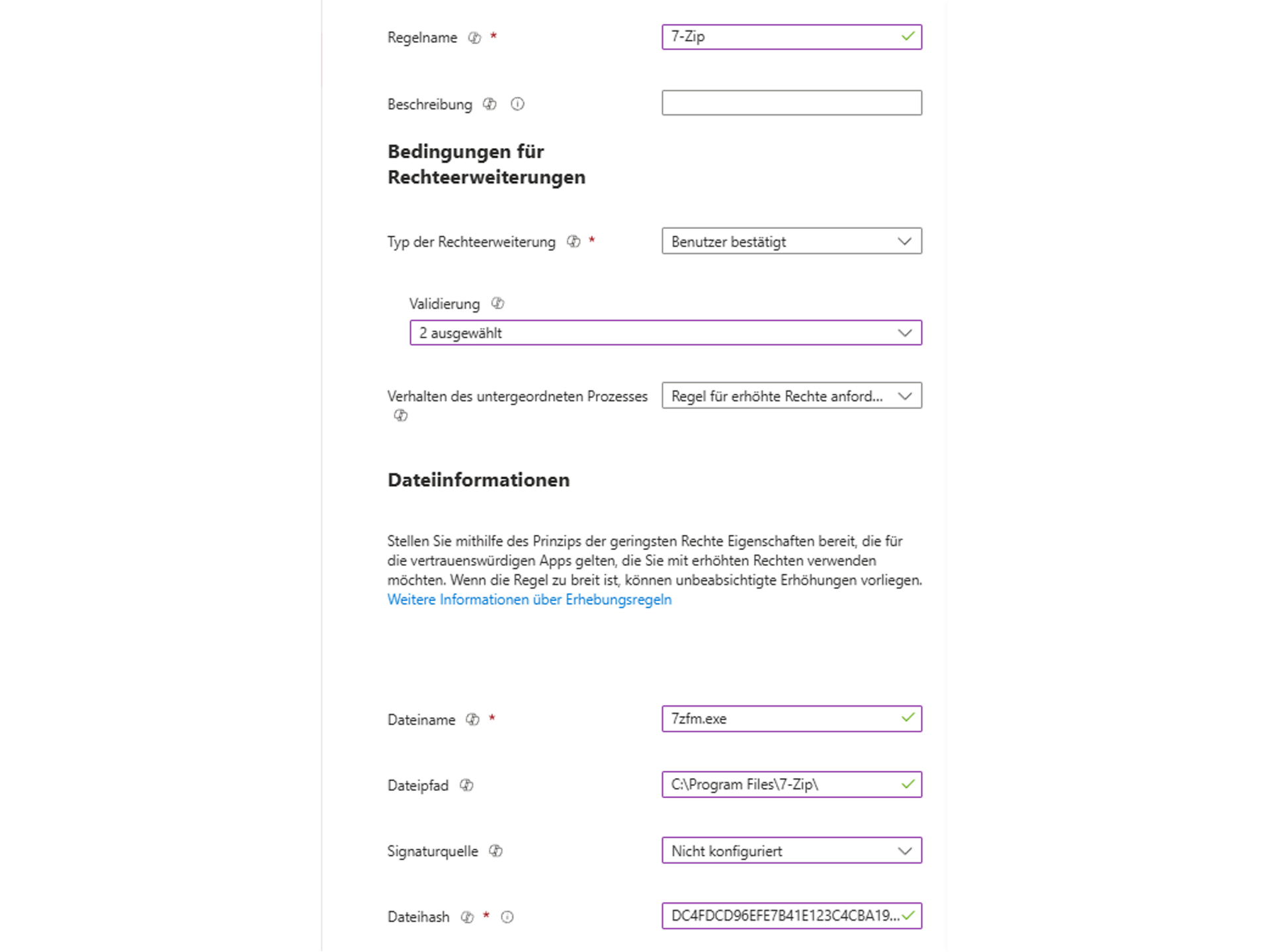 Screenshot einer einzelnen Regel pro Programm / Datei in Microsoft Intune am Beispiel von 7-Zip.